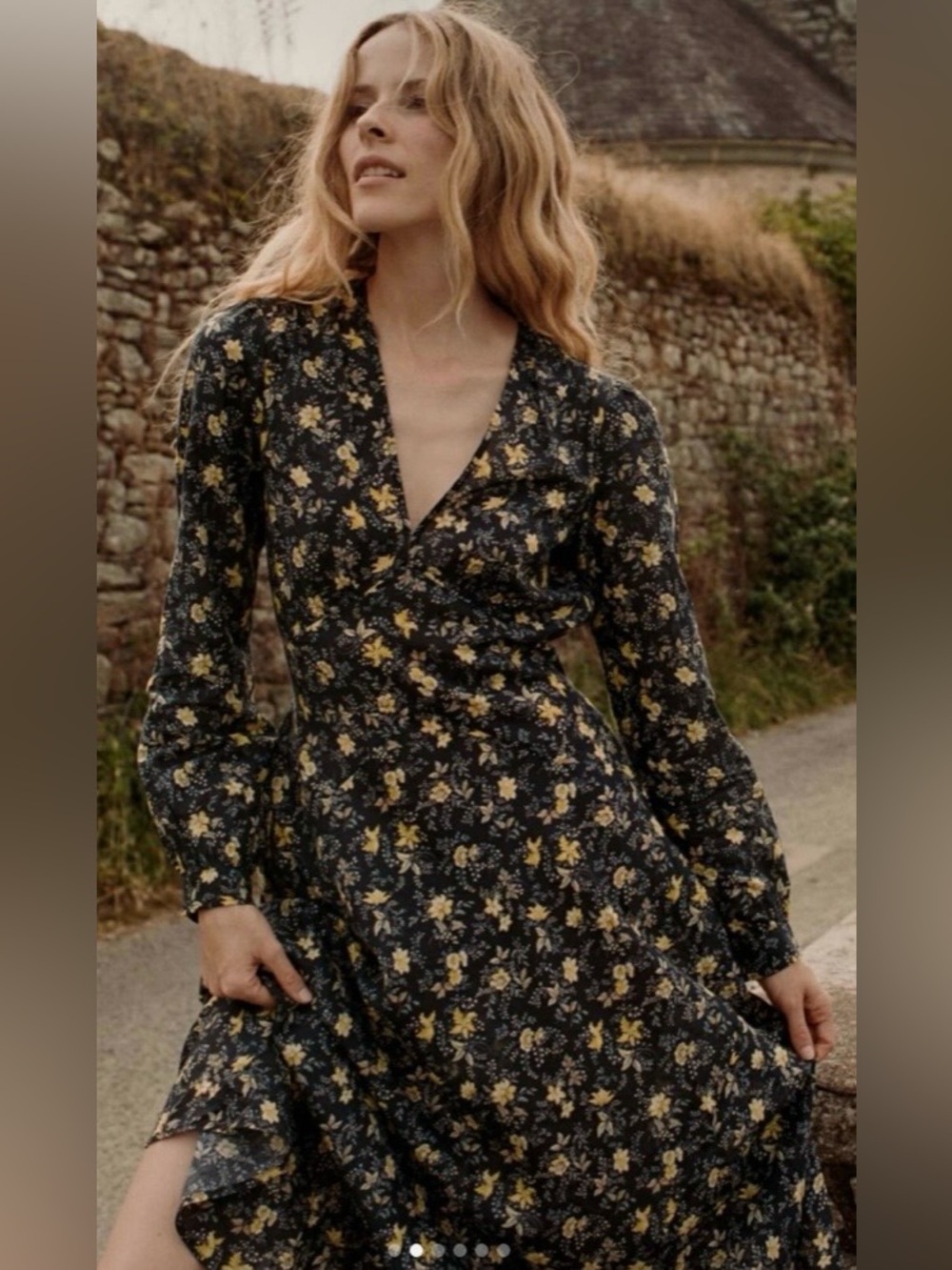 Doen Black Floral Long-Sleeve Wrap Dress with Yellow Blooms